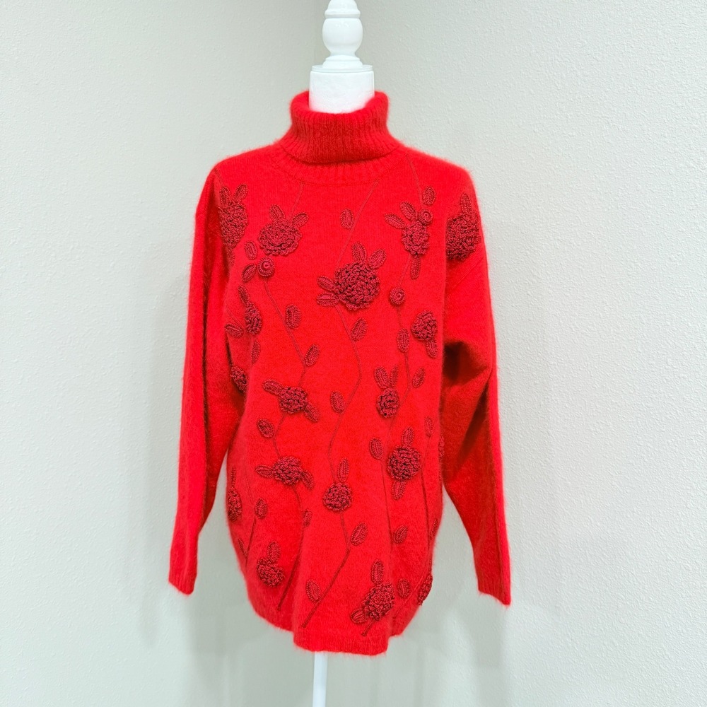 Vintage Rafaella Angora SOFT Rabbit Lambswool Sweater L Red Floral 3D Applique